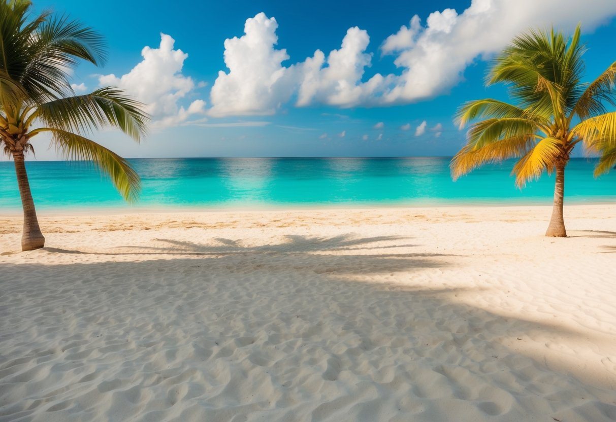 Uma praia de areia em Punta Cana, com palmeiras e águas cristalinas de tom turquesa.