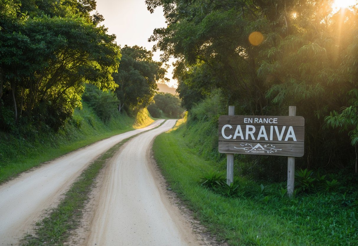 Uma estrada de terra estreita serpenteia por uma vegetação exuberante em direção a uma rústica placa de madeira que marca a entrada de Caraiva. O sol lança um brilho quente sobre a cena tranquila.