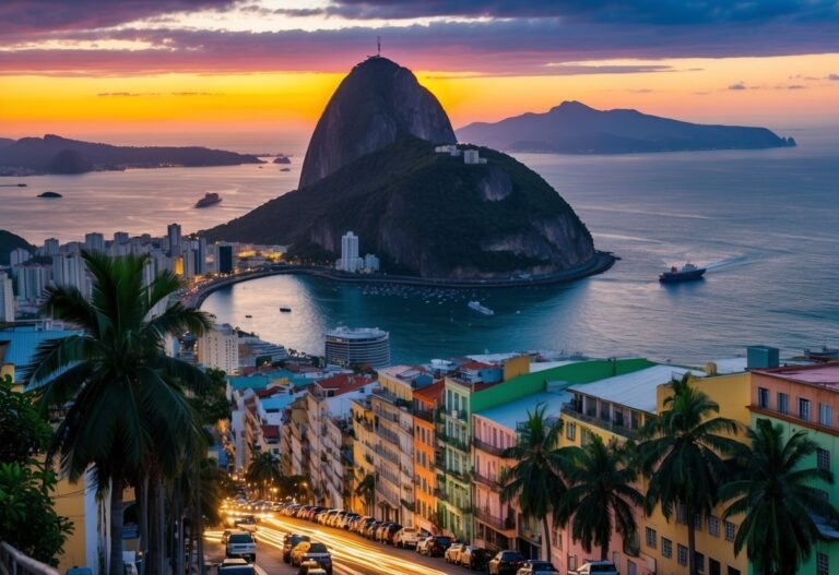 Um pôr do sol vibrante sobre o icônico Pão de Açúcar, com palmeiras e edifícios coloridos ao longo das movimentadas ruas do Rio de Janeiro