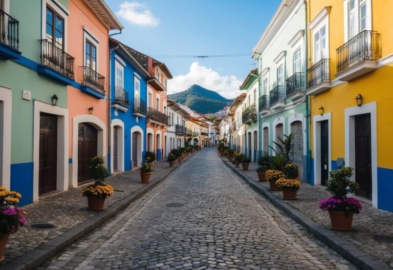 Uma rua aconchegante em Gramado, Brasil, em junho. Edifícios coloridos, ruas de paralelepípedo e flores em flor criam uma atmosfera encantadora.