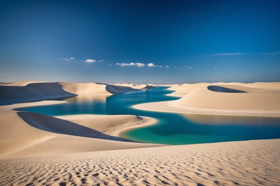 Vastas dunas de areia encontram lagoas azuis claras sob um céu brilhante e sem nuvens em Lençóis Maranhenses