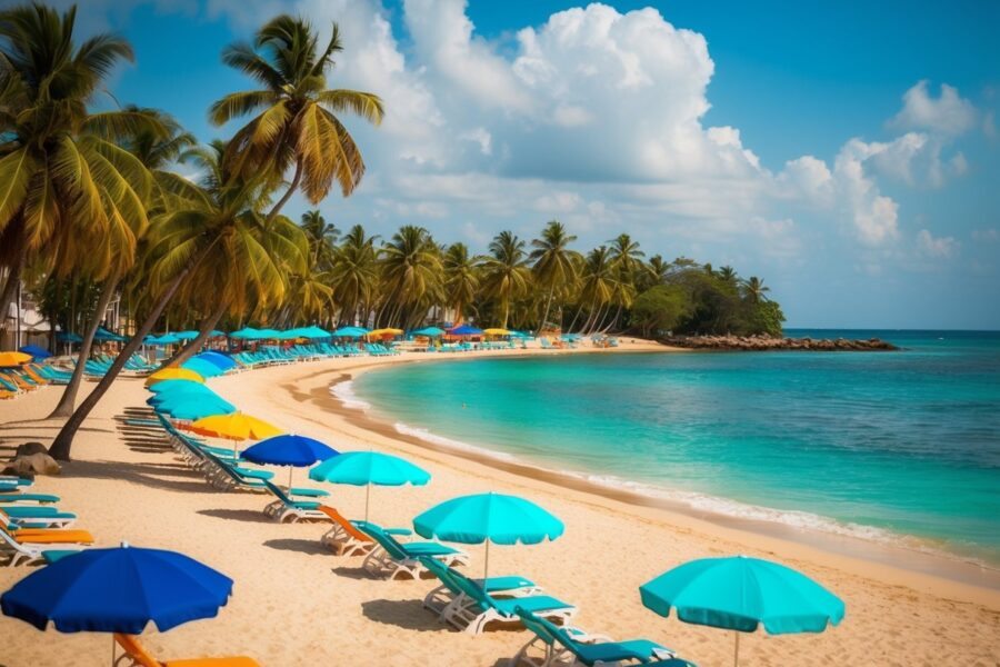 Uma cena de praia vibrante com águas turquesa, palmeiras e guarda-sóis coloridos ao longo da costa em Maceió