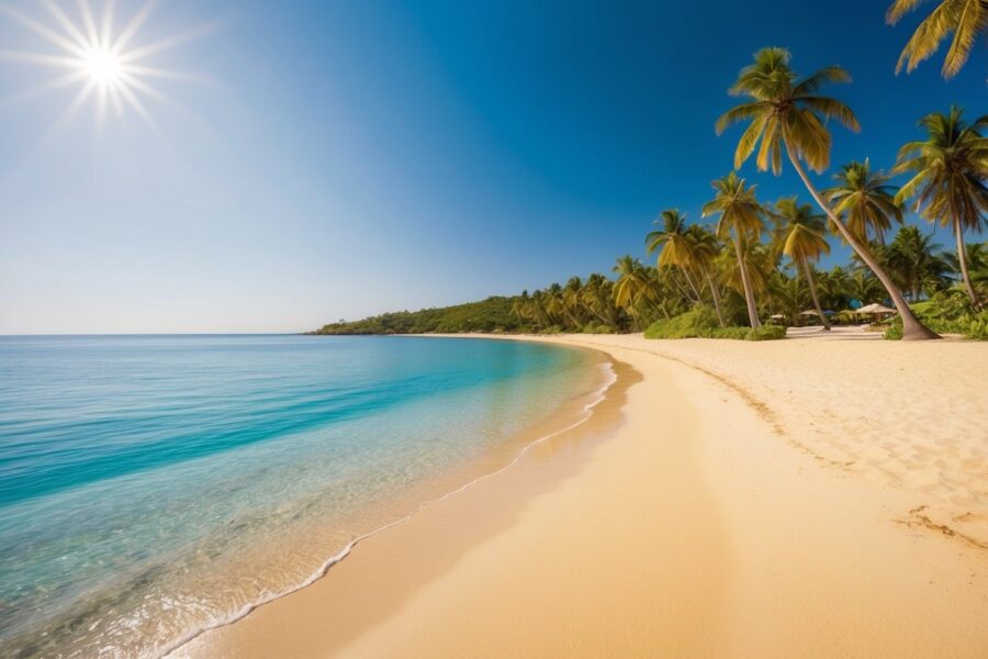 Uma praia serena com areia dourada, águas azuis cristalinas e palmeiras verdes luxuriantes ao longo da costa. O sol brilha intensamente no céu limpo, criando uma atmosfera tranquila e convidativa.