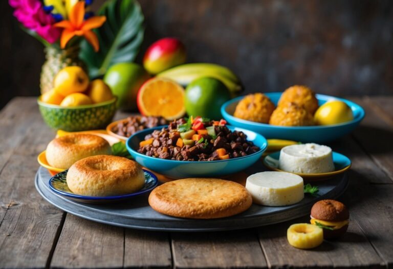 Uma colorida variedade de feijoada, pão de queijo e brigadeiro em uma mesa rústica com frutas tropicais e flores vibrantes ao fundo.