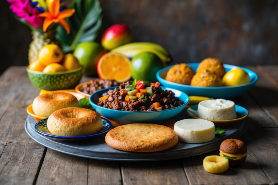Uma colorida variedade de feijoada, pão de queijo e brigadeiro em uma mesa rústica com frutas tropicais e flores vibrantes ao fundo.