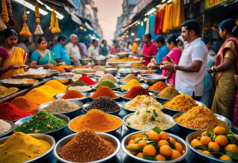 Um mercado de rua movimentado, repleto de especiarias coloridas, frutas exóticas e pratos fumegantes de biryani e samosas. Aromas ricos pairam no ar enquanto locais e turistas experimentam os diversos sabores da Índia.