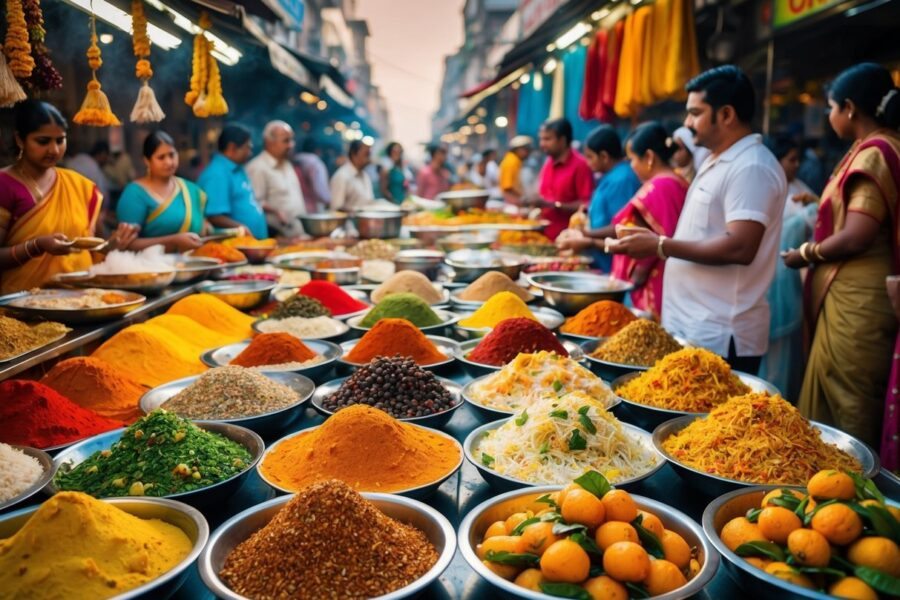 Um mercado de rua movimentado, repleto de especiarias coloridas, frutas exóticas e pratos fumegantes de biryani e samosas. Aromas ricos pairam no ar enquanto locais e turistas experimentam os diversos sabores da Índia.