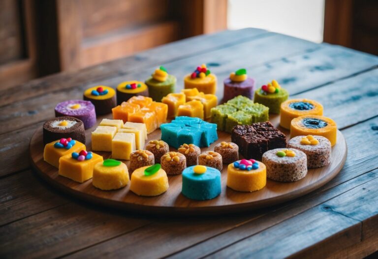 Uma variedade colorida de doces tradicionais do Rio Grande do Norte exibidos em uma mesa de madeira rústica