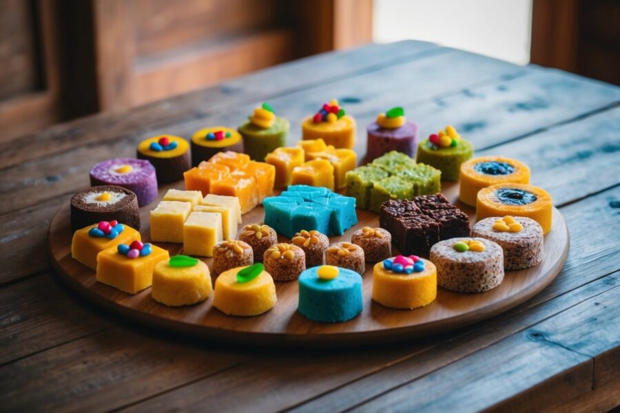 Uma variedade colorida de doces tradicionais do Rio Grande do Norte exibidos em uma mesa de madeira rústica