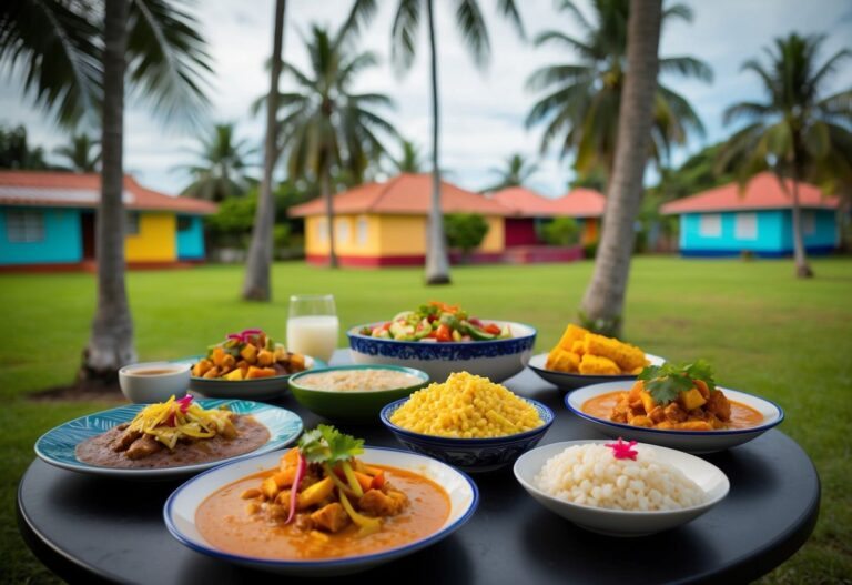 Uma mesa posta com a culinária tradicional de Sergipe, incluindo moqueca, caruru e tapioca, cercada por palmeiras e casas coloridas.