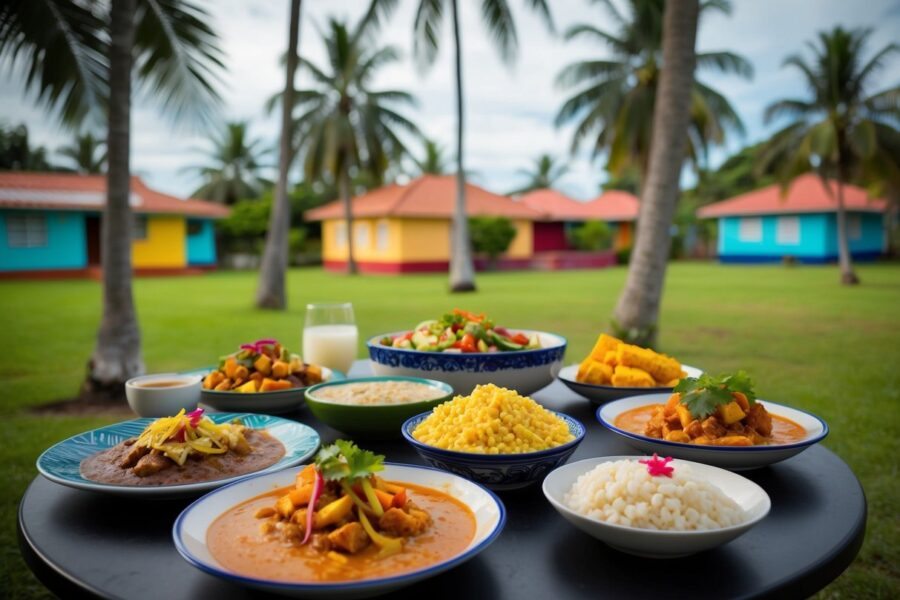 Uma mesa posta com a culinária tradicional de Sergipe, incluindo moqueca, caruru e tapioca, cercada por palmeiras e casas coloridas.