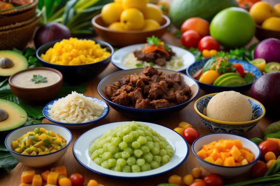 Uma mesa cheia de pratos tradicionais da Paraíba, incluindo tapioca, carne de sol e bolo de rolo, cercada por frutas e legumes vibrantes.