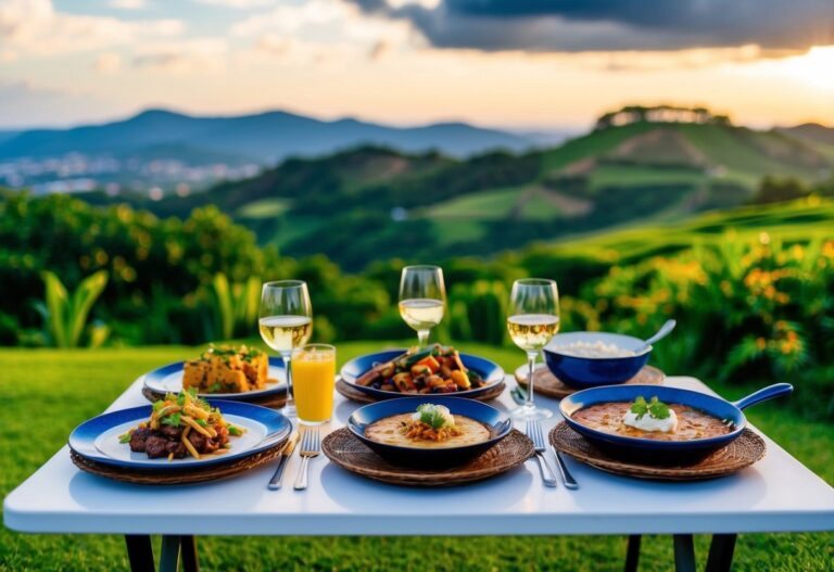 Uma mesa posta com pratos tradicionais da região sul, incluindo barreado, churrasco e cuca, cercada por paisagens verdes exuberantes.