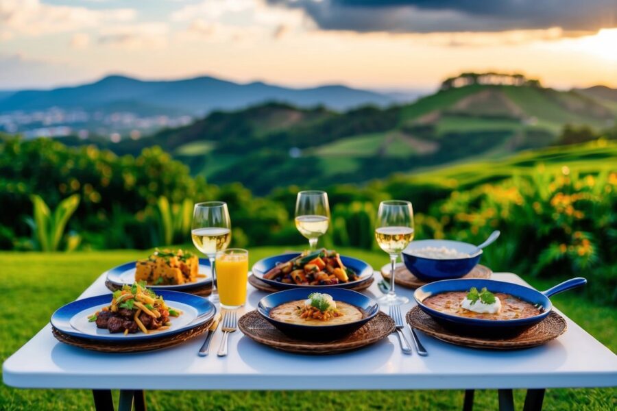 Uma mesa posta com pratos tradicionais da região sul, incluindo barreado, churrasco e cuca, cercada por paisagens verdes exuberantes.