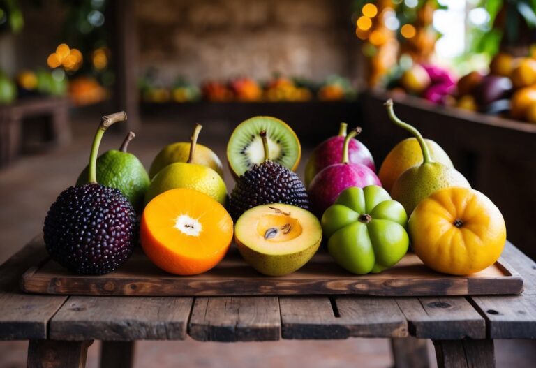 Uma variedade colorida de frutas exóticas do Maranhão, incluindo bacuri, buriti e cupuaçu, exibidas em uma mesa rústica de madeira.