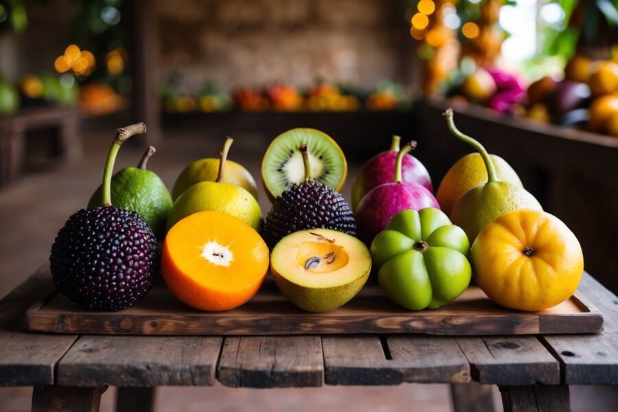 Uma variedade colorida de frutas exóticas do Maranhão, incluindo bacuri, buriti e cupuaçu, exibidas em uma mesa rústica de madeira.