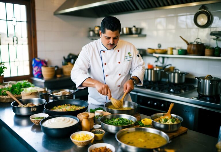 Uma cozinha paraguaia movimentada, cheia de utensílios e ingredientes tradicionais, com um chef preparando sopa paraguaia e chipa guasu.