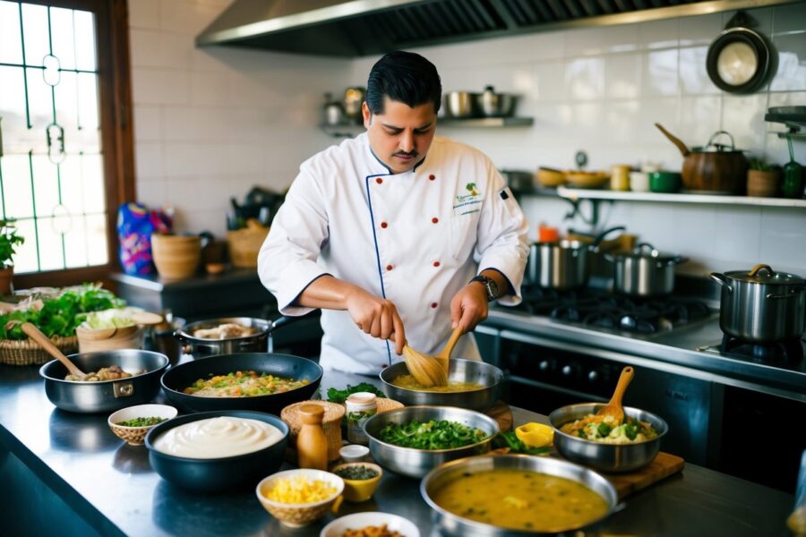 Uma cozinha paraguaia movimentada, cheia de utensílios e ingredientes tradicionais, com um chef preparando sopa paraguaia e chipa guasu.