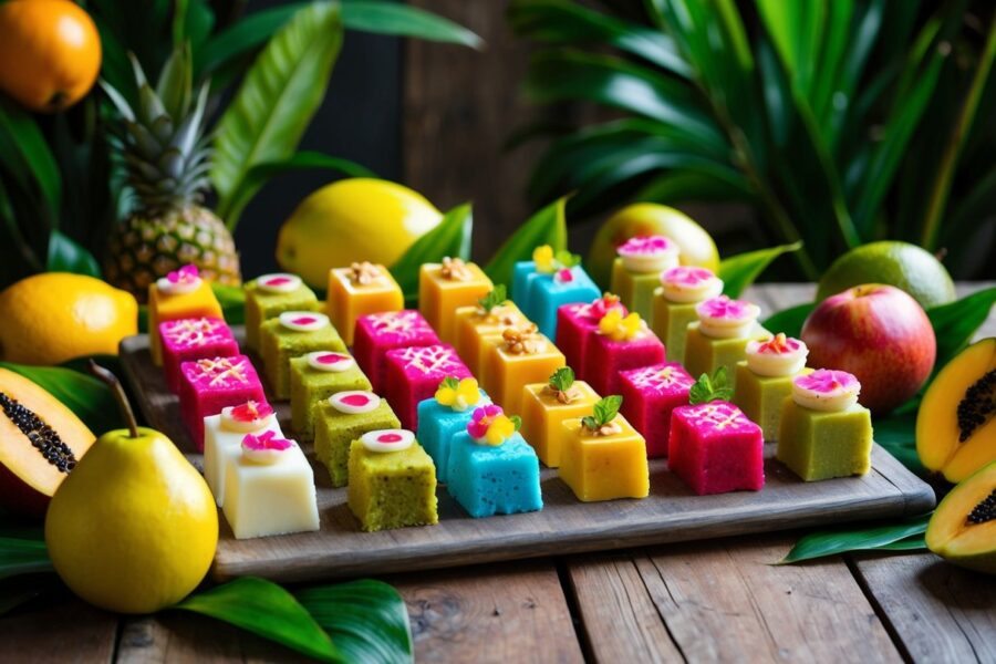 Uma exibição colorida dos doces tradicionais do Piauí dispostos em uma mesa de madeira rústica, cercada por frutas tropicais e folhagens vibrantes.