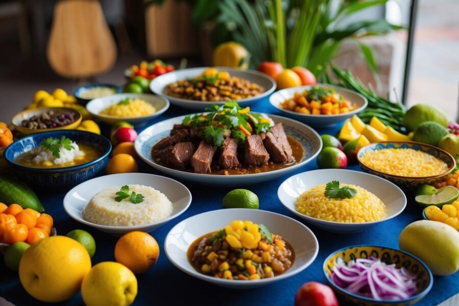 Uma mesa cheia de pratos tradicionais do Ceará, incluindo carne de sol, baião de dois e tapioca, cercada por frutas e vegetais coloridos.