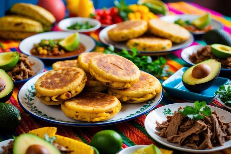 Uma mesa cheia de pratos típicos venezuelanos, incluindo arepas, pabellón criollo e hallacas, cercada por ingredientes vibrantes e coloridos, como banana-da-terra, abacate e carne desfiada.