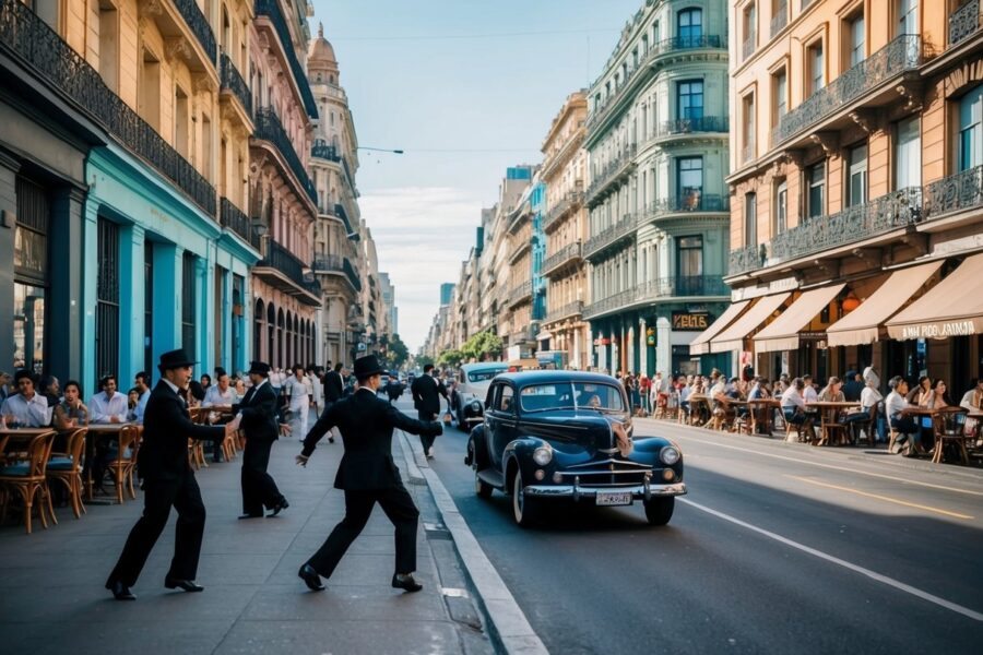 Rua movimentada em Buenos Aires com prédios coloridos, cafés agitados e dançarinos de tango se apresentando na calçada. Um carro vintage passa enquanto as pessoas aproveitam a vibrante atmosfera da cidade.
