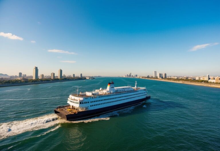 Um ferry atravessando o Rio da Prata de Montevidéu a Buenos Aires em um dia ensolarado, com as duas cidades visíveis ao longe.