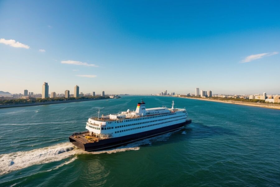 Um ferry atravessando o Rio da Prata de Montevidéu a Buenos Aires em um dia ensolarado, com as duas cidades visíveis ao longe.