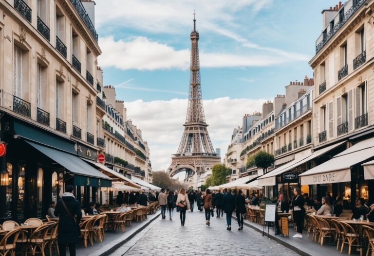 Uma rua movimentada de Paris com marcos icônicos ao fundo, incluindo a Torre Eiffel e a Catedral de Notre Dame. Cafés movimentados e boutiques elegantes ladeiam as ruas de paralelepípedos, enquanto moradores e turistas exploram a charmosa cidade.