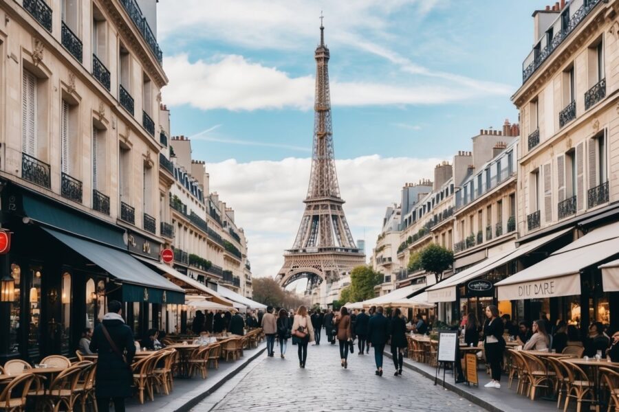 Uma rua movimentada de Paris com marcos icônicos ao fundo, incluindo a Torre Eiffel e a Catedral de Notre Dame. Cafés movimentados e boutiques elegantes ladeiam as ruas de paralelepípedos, enquanto moradores e turistas exploram a charmosa cidade.