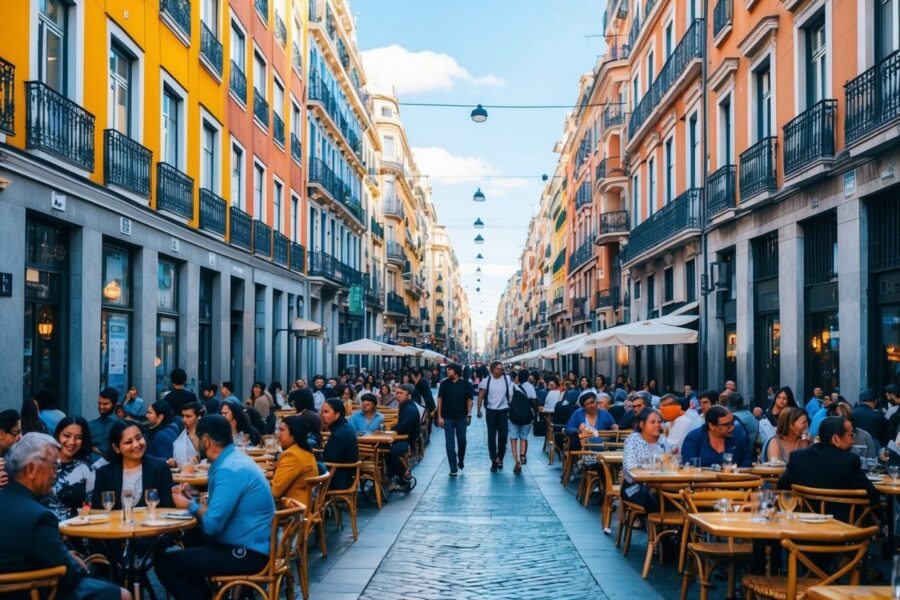 Uma rua movimentada de Madrid, cercada por edifícios coloridos e cafés ao ar livre, cheia de locais e turistas aproveitando a atmosfera vibrante.