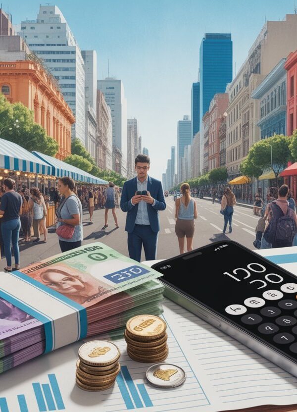 Pessoas em uma rua movimentada da Argentina, com mercado local, moedas e notas argentinas sobre uma mesa junto a uma calculadora e um celular.