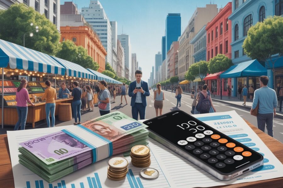 Pessoas em uma rua movimentada da Argentina, com mercado local, moedas e notas argentinas sobre uma mesa junto a uma calculadora e um celular.