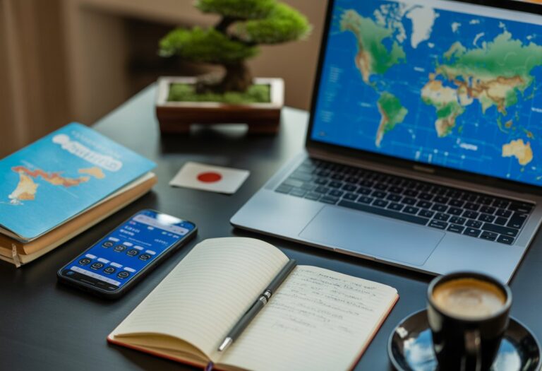 Pessoa planejando uma viagem para o Japão em uma mesa com laptop, smartphone, caderno, livro de viagem e uma pequena árvore bonsai.
