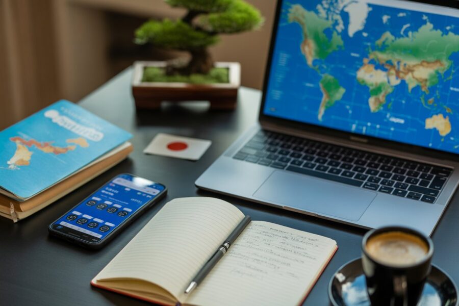 Pessoa planejando uma viagem para o Japão em uma mesa com laptop, smartphone, caderno, livro de viagem e uma pequena árvore bonsai.