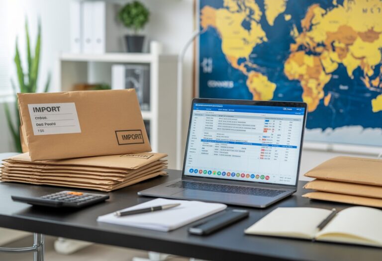 Mesa de escritório organizada com laptop, pacotes padrão para importação, mapa-múndi ao fundo e acessórios de escritório.