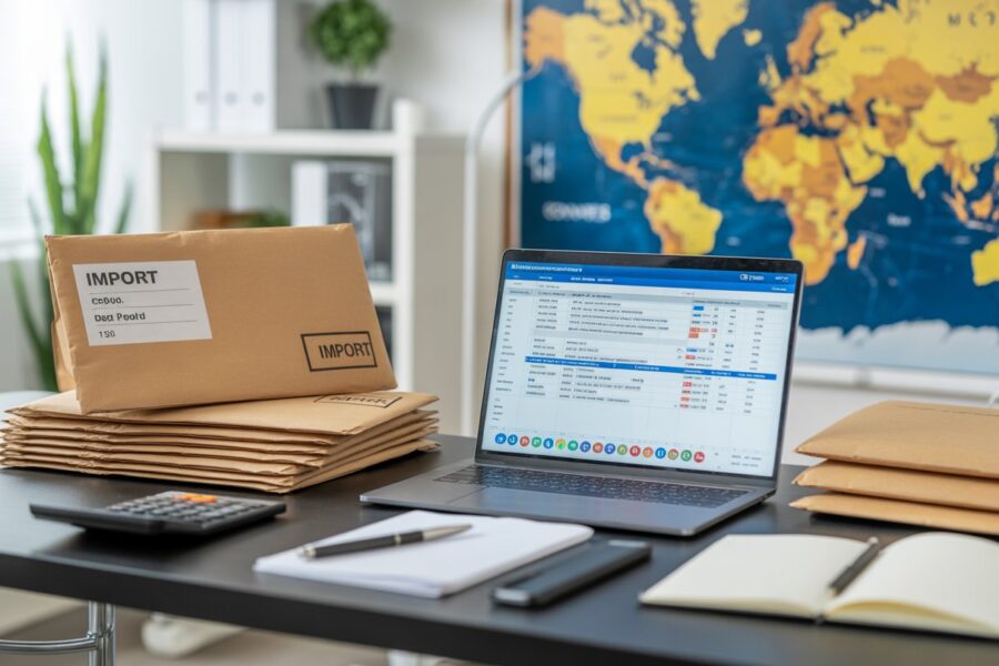 Mesa de escritório organizada com laptop, pacotes padrão para importação, mapa-múndi ao fundo e acessórios de escritório.