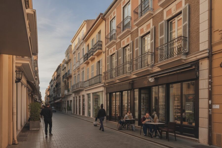 Rua típica europeia com prédios antigos, calçada de pedras, cafés e pessoas caminhando.