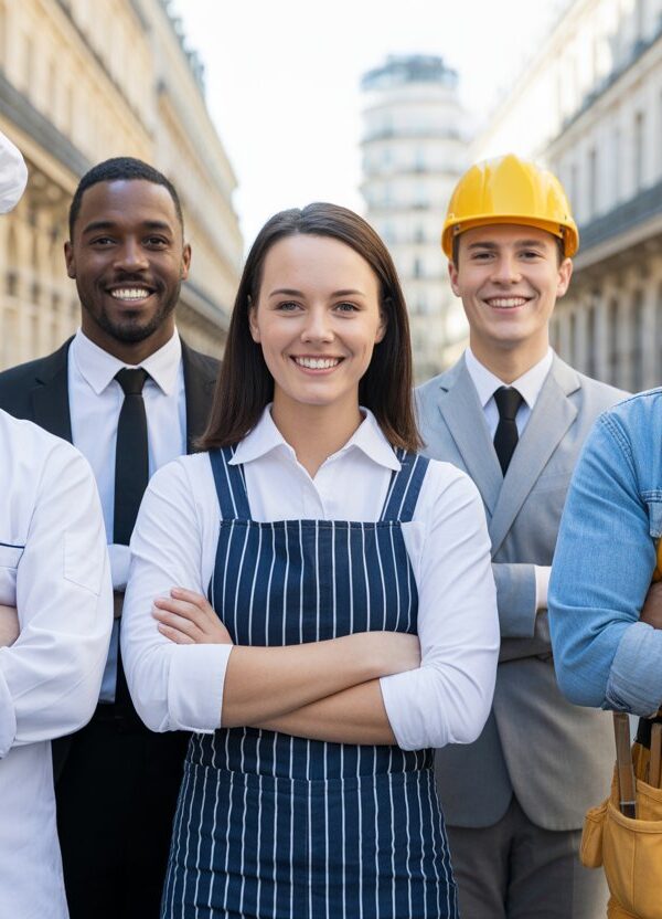 Grupo diversificado de trabalhadores franceses em um ambiente urbano com arquitetura parisiense ao fundo, representando o salário mínimo na França.