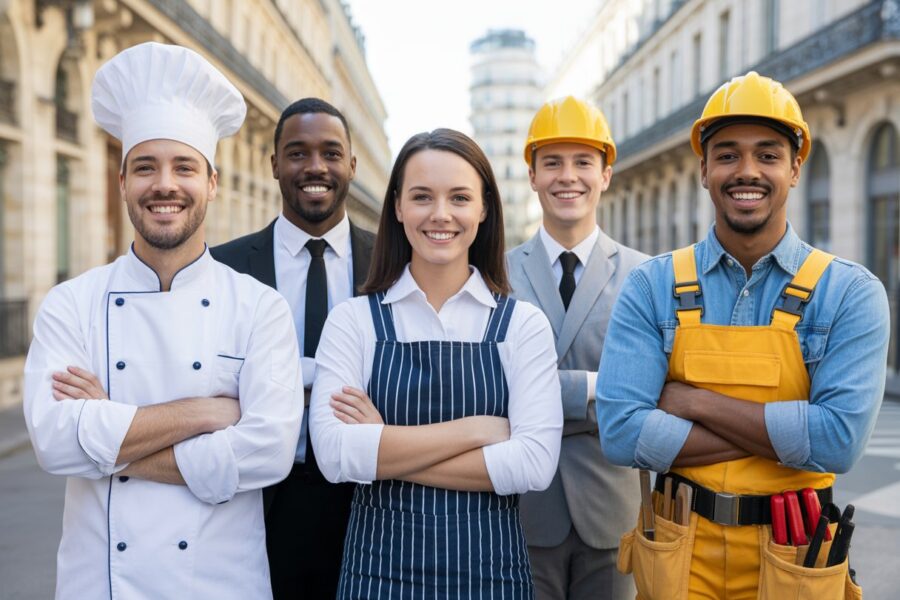 Grupo diversificado de trabalhadores franceses em um ambiente urbano com arquitetura parisiense ao fundo, representando o salário mínimo na França.