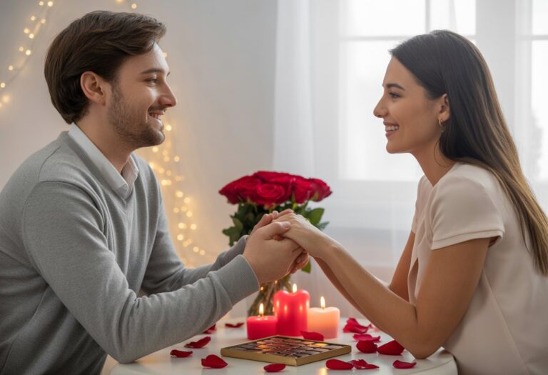 Casal segurando as mãos em uma mesa decorada com rosas vermelhas, velas em formato de coração e caixa de chocolates, em um ambiente acolhedor para o Dia dos Namorados.