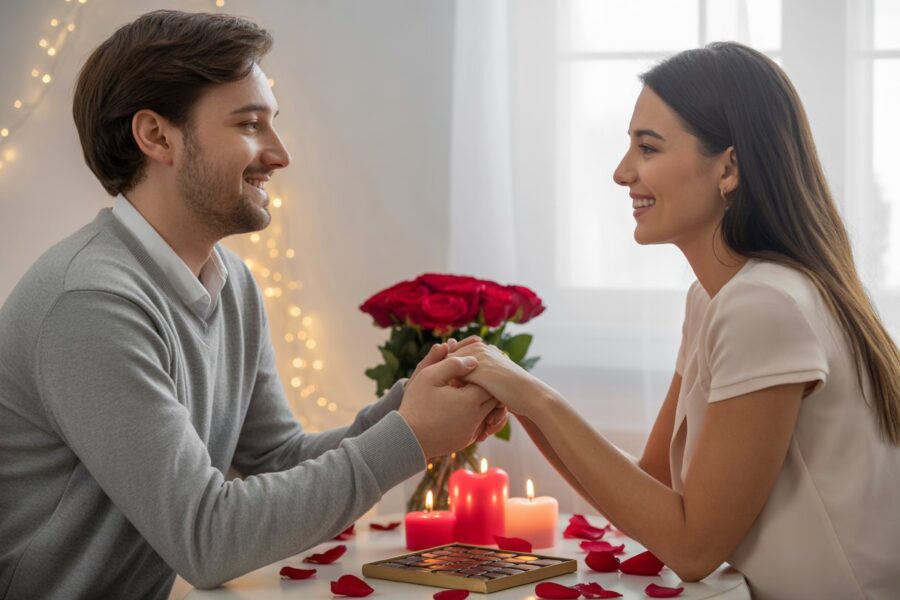 Casal segurando as mãos em uma mesa decorada com rosas vermelhas, velas em formato de coração e caixa de chocolates, em um ambiente acolhedor para o Dia dos Namorados.