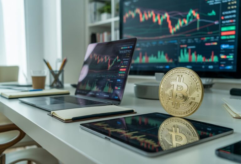 Mesa de escritório moderna com dispositivos digitais exibindo gráficos financeiros de Bitcoin e ETFs, com uma moeda física de Bitcoin em destaque.