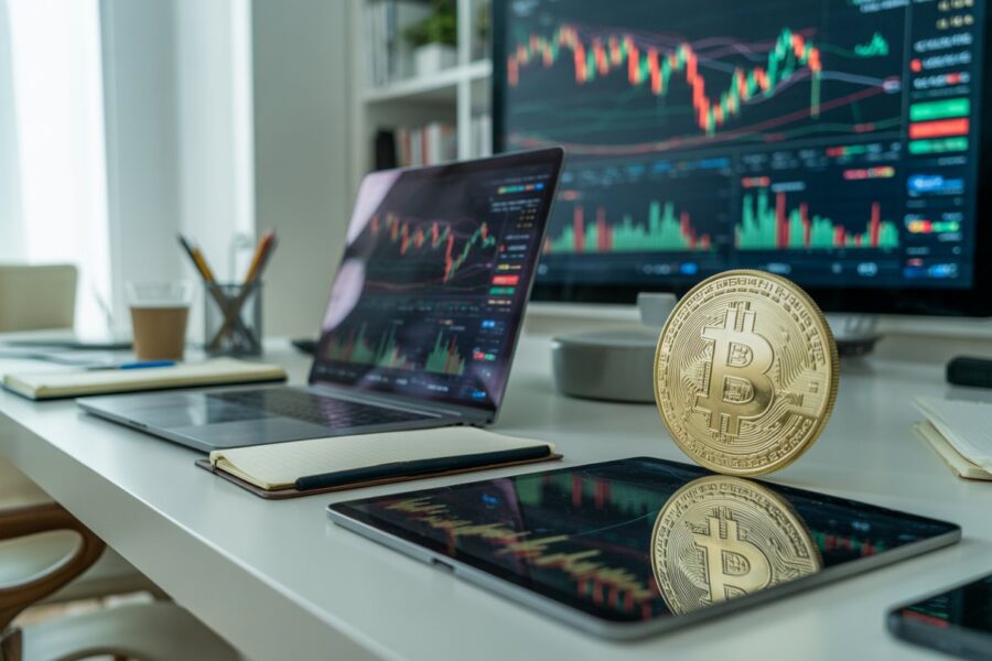 Mesa de escritório moderna com dispositivos digitais exibindo gráficos financeiros de Bitcoin e ETFs, com uma moeda física de Bitcoin em destaque.