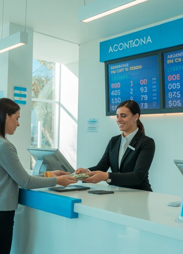 Interior de uma casa de câmbio na Argentina com um atendente auxiliando um cliente em um ambiente moderno e iluminado.