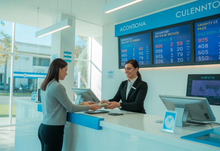 Interior de uma casa de câmbio na Argentina com um atendente auxiliando um cliente em um ambiente moderno e iluminado.