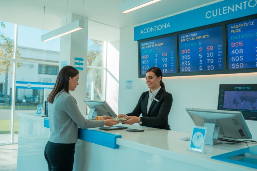 Interior de uma casa de câmbio na Argentina com um atendente auxiliando um cliente em um ambiente moderno e iluminado.
