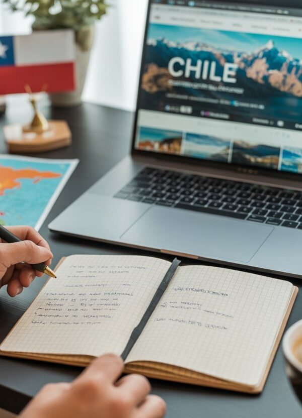 Pessoa planejando uma viagem para o Chile em uma mesa com laptop, mapa, caderno e câmera.