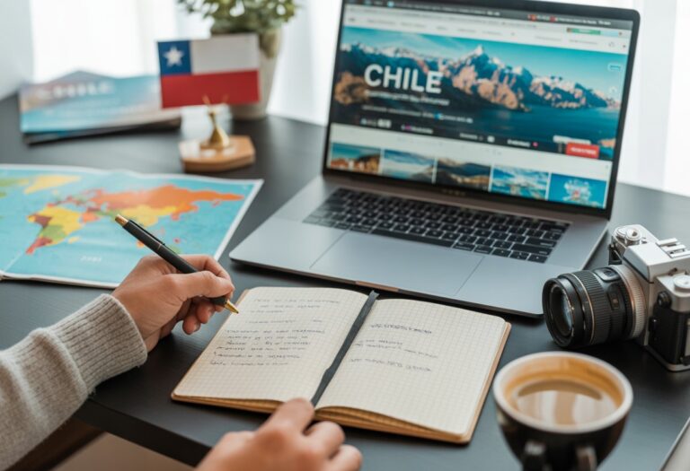 Pessoa planejando uma viagem para o Chile em uma mesa com laptop, mapa, caderno e câmera.