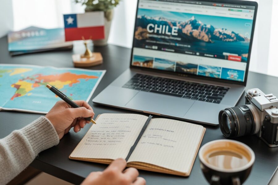 Pessoa planejando uma viagem para o Chile em uma mesa com laptop, mapa, caderno e câmera.